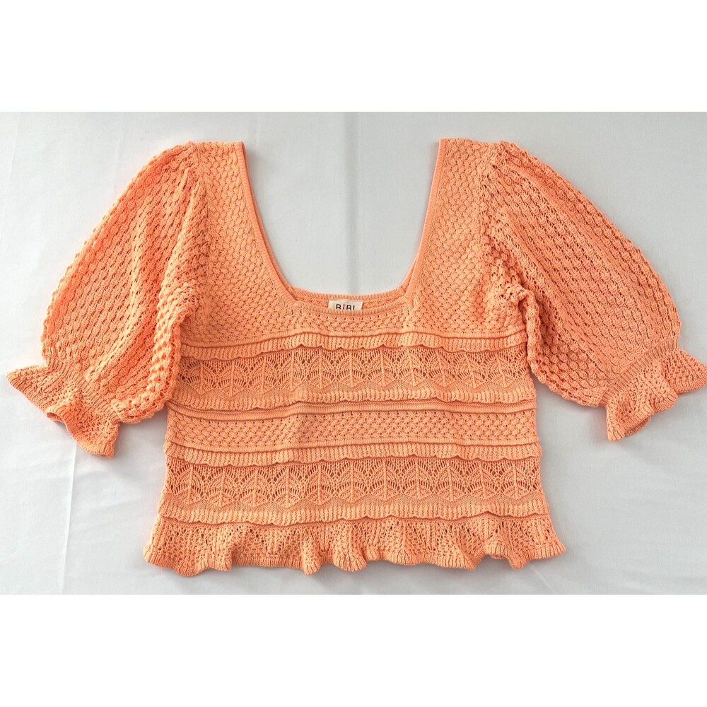 BiBi Peach Openwork Knit Cropped Top XL Square Neck Puff Sleeves Ruffle Hem